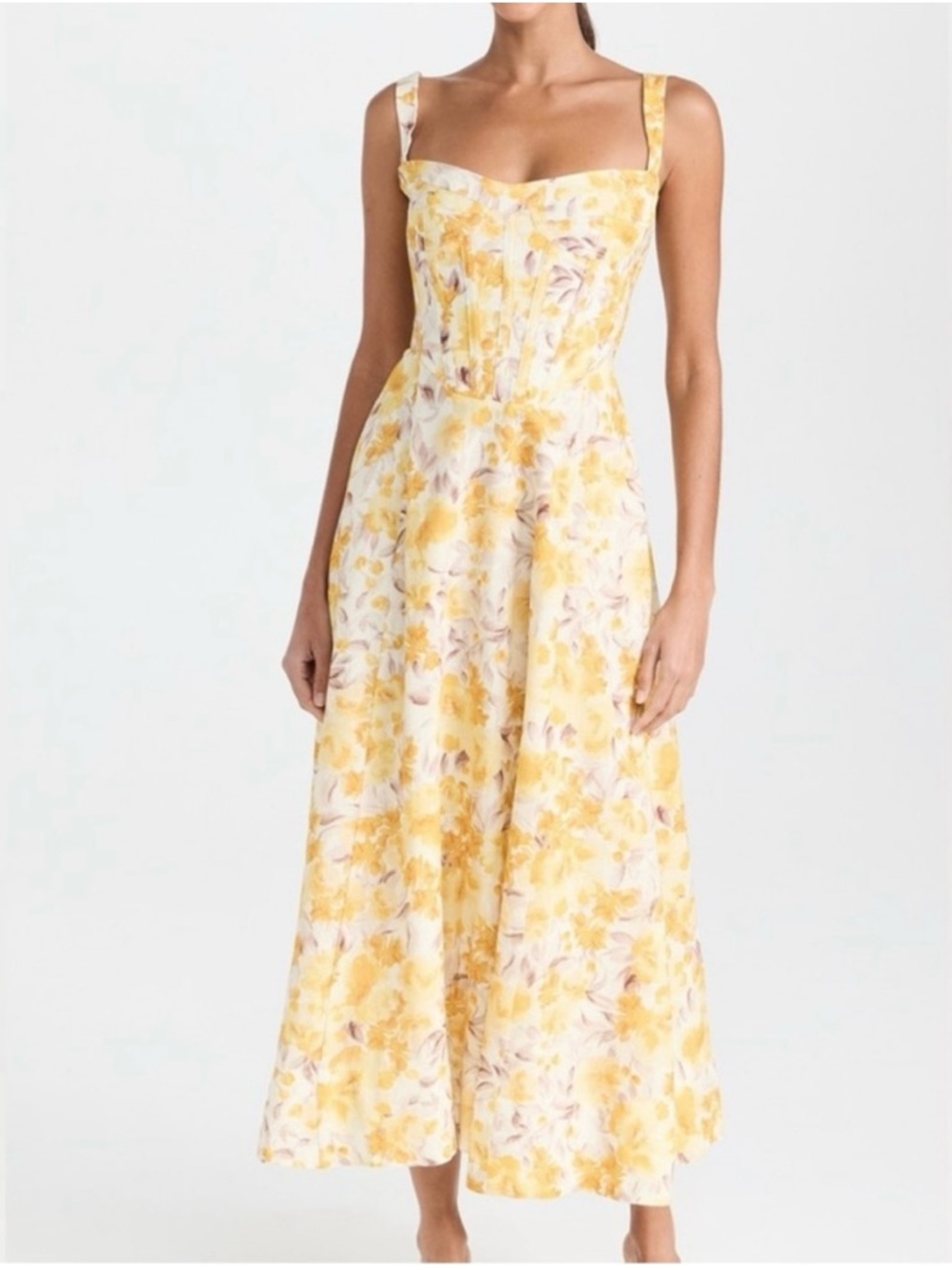 Anthropology Bardot Lilah Corset Yellow Floral Midi Dress